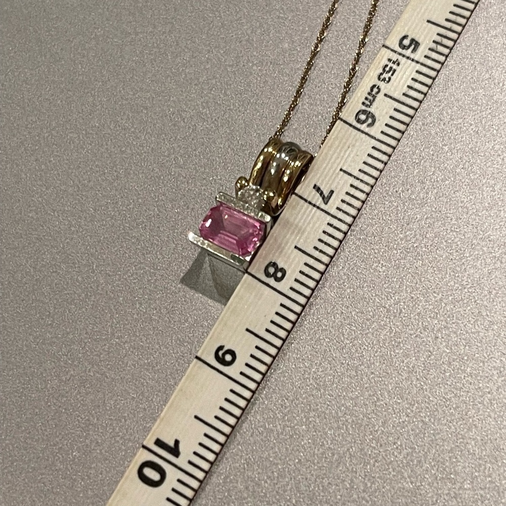 Pink sapphire, two tone, 14 karat gold modernist, diamond pendant - Picture 13 of 15